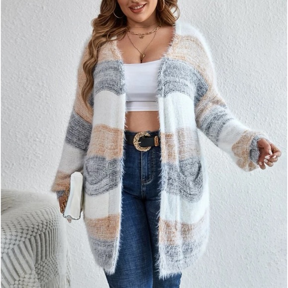 Plus Size Colorblock Drop Shoulder Knit Cardigan Sweater - Picture 3 of 5
